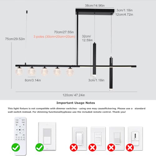 Siittoo Modern Linear Chandelier, LED Kitchen Island Pendant Light - color: 47 in/Black/6-lights-Dimmable