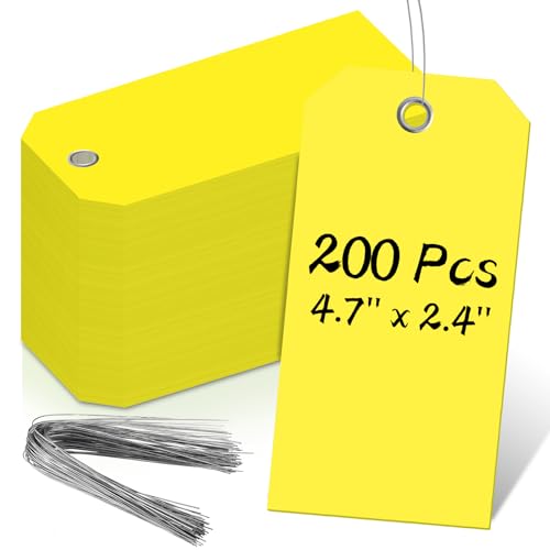4 3/4" x 2 3/8" Shipping Tags with Wire Paper Heavy Duty Hang Tags with Reinforcement Holes Writable Luggage Tag with String Durable Marking Tags (200, Neon Yellow, 4 3/4" × 2 3/8") - color: Neon Yellow, size: 4 3/4" × 2 3/8"