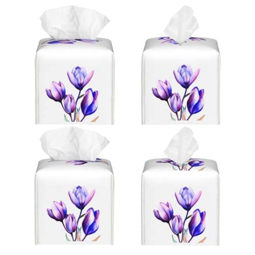 Purple Flower Tulip Square Tissue Boxes Holder 5.2"x5.2"x5.2" for Home Car - color: Purple Flower Tulip