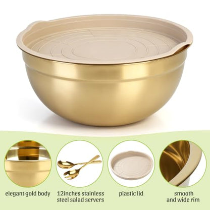 Large Stainless Steel Salad Bowl 7 QT, Elegant Gold Finish Metal Bowl - color: Gold