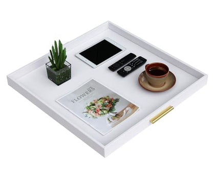 HofferRuffer Extra Large Square Serving Tray, Elegant Faux Leather Ottoman Tray with Gold Hardware Handles, Serve Tea, Coffee or Breakfast in Bed, 24 x 24 inches (White Shagreen) - color: White Shagreen, size: 24" x 24" x 2"