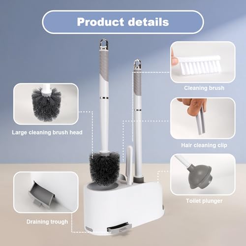 Toilet Brush and Plunger Set 4 in 1 Toilet Brush and Holder with Crevice Cleaning Brush and Clip Deep Cleaning, Wall Mounted Home Bathroom Cleaning Tool Combo （Gray 1）