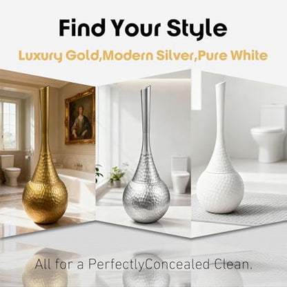 Hideaway Toilet Brush Set, Hammered Gold | Small Bathroom Space-Saver | Anti-Splash Shield & 360° Deep Clean | Housewarming Gift for Homeowners | Rust-Proof ABS Modern Bath Accessories - color: Gold