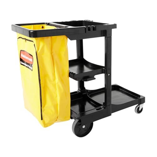 Rubbermaid Commercial Traditional Janitorial 3-Shelf Cleaning Cart, Wheeled with Zippered Yellow Vinyl Bag, for Business/School/Office/Janatorial Cleaning - style: Open Sided - Black
