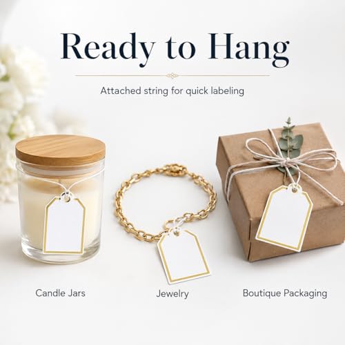ULTNICE 500 Pcs Blank Price Tags with String: Elegant Gold Border Hanging Labels for Candles Jewelry Retail Display - Writable Mini Merchandise Tags