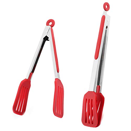 Cooking Tongs 9" and 12" Stainless Steel Kitchen Silicone Serving Tongs - color: Red, size: 9 & 12 inch