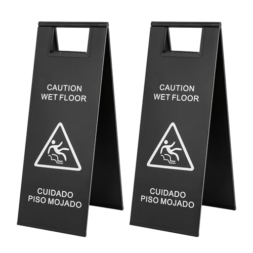 2Pcs Stainless Steel Wet Floor Sign, 23.6 Inch Caution Wet Floor Sign, Double Sided Portable Foldable Safety Warning Signs for Restaurant Restroom Office Avoid Fall (Black)