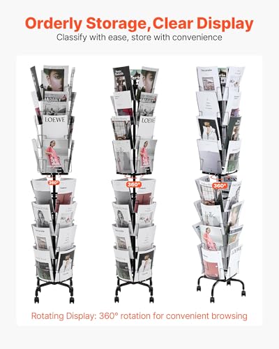 VEVOR Greeting Cards Display Rack, 32 Pockets Rotating Postcard Brochure Display Stand, 360° Spinning Card Display Rack with Sign Holder & 4 Wheels (2 Lockable) for Exhibitions Office Trade Show - size: without wheels