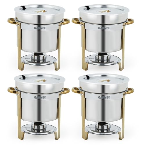 GarveeHome 7QT Round Soup Chafer Sets of 4, Commercial Soup Warmer with Pot, Notched Lids & Fuel Holders, Stainless Steel Food Warmer for Buffets Parties Wedding Banquets Catering, Gold - color: Gold, size: 7QT-4 Pcs