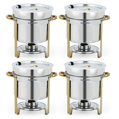 GarveeHome 7QT Round Soup Chafer Sets of 4, Commercial Soup Warmer with Pot, Notched Lids & Fuel Holders, Stainless Steel Food Warmer for Buffets Parties Wedding Banquets Catering, Gold - color: Gold, size: 7QT-4 Pcs