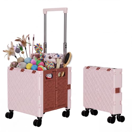 Foldable Shopping Cart with Wheels: Cat-Style Rolling Utility Crate - color: Khaki
