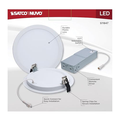 Satco 20W 8-Inch LED Downlight CCT Selectable 2700K–5000K 2000 Lumens Dual Dimming 120–277V Flat Face Round White IC Air Tight Energy Star Wet Rated S11847