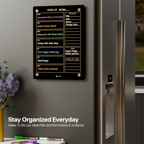 Yeoux Black Glass Golden Weekly & Menu Dry Erase Calendar Board 15“x11 - color: Black, size: 11"W x 15"H
