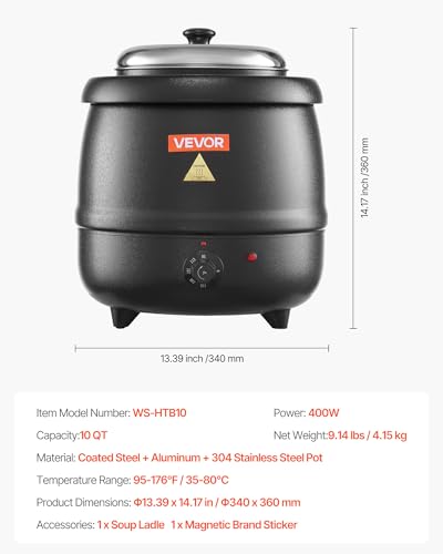 VEVOR Electric Soup Warmer, 10QT Commercial Soup Kettle with 304 Stainless Steel Detachable Insert Pot, 95~176°F Adjustable Temperature, Soup Station for Restaurant and Big Family, Black - size: 1-Pot