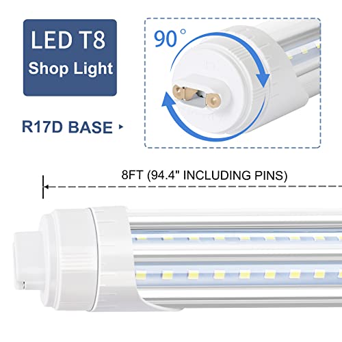 R17D LED Bulb Light 8FT, 90W T8 LED Tubes, 10000LM, Clean Cover, HO Rotatable End 8FEET 2 Pin Shop Light, 6000K, T8 T10 T12 Fluorescent Light Replacement, Ballast Bypass,Dual-End Powered (6-Pack) - size: 6 Count (Pack of 1)