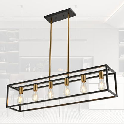 Rectangle Chandeliers Kitchen Light Fixtures Farmhouse Dining Room Light for Dining Rooms,Black&Brushed Brass Light Fixture Matte 6-Light Industrial Pendant Lighting - color: Black&Brass, size: 6 Lights