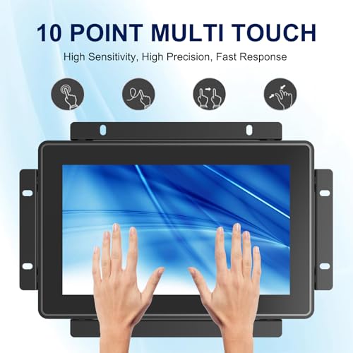 IP65 Industrial Monitor 7 Inch Open Frame Touch Screen Monitor, 10-Point Capacitive Touch Display PCAP LCD Monitor, 1024x600 Metal Housing for HMI Control Panels - size: 7.0