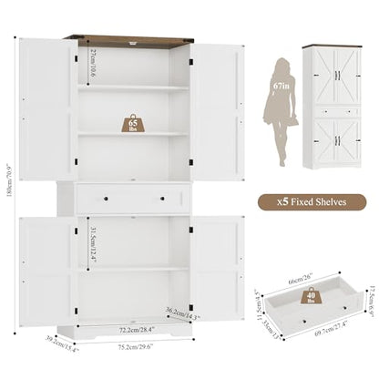 HOSTACK 71" Kitchen Pantry Storage Cabinet, Farmhouse Pantry Cabinet, White - color: White + Rustic Brown