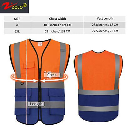 zojo High Visibility Reflective Safety Vest with Multi Pockets 10 Pack Bulk - color: Mix Orange & Blue, size: XX-Large