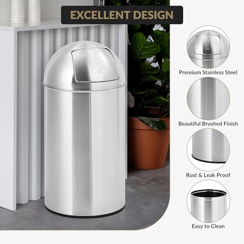 Heavy Duty Stainless Steel Public Trash Can – 13 Gallon (50l), Push Lid & Removable Inner Metal Bucket, Fingerprint-Proof, Durable Cylindrical Bin for Commercial and Public Spaces