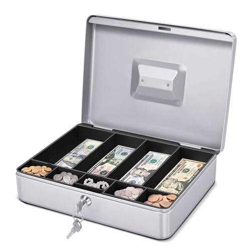 Flexzion Small Cash Box with Money Tray and Lock, 11.4-Inch, Silver - color: Silver