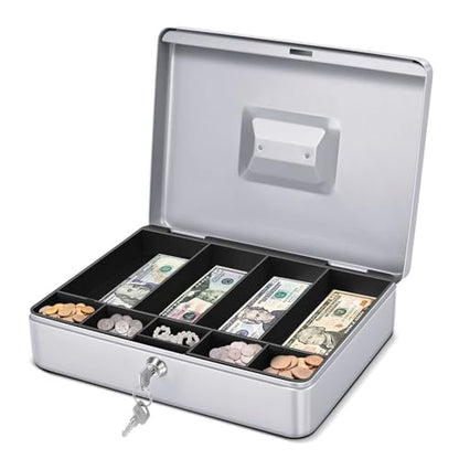 Flexzion Small Cash Box with Money Tray and Lock, 11.4-Inch, Silver - color: Silver