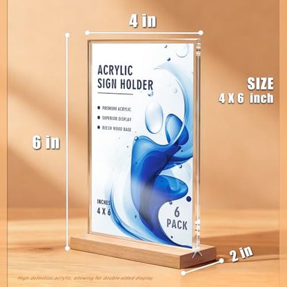 4×6 inch Acrylic Table Top Sign Holder with Beech Wood Base – Double-Sided Menu Display Stand, QR Code Frame, Small Table Sign for Restaurant & Wedding(6pack)
