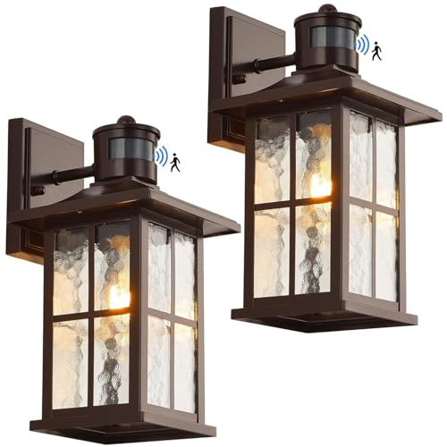 FLEDAVID 2 Pack Motion Sensor Outdoor Wall Lights Dusk to Dawn Exterior Porch Lantern Brown Outside Sconce Lighting Fixtures Rustic Farmhouse Wall Mount Carriage Lamp for House Garage Patio - color: Brown 2-Pack