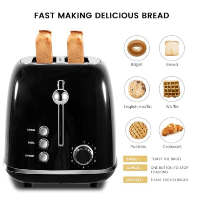 Roter Mond 2 Slice Toaster Retro Stainless Steel with Bagel, Cancel, and Defrost Functions, 6 Bread Shade Settings, Extra Wide Slots and Removable Crumb Tray, Black - color: Black