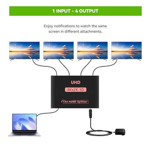 Sprolink LK5-H104 HDMI Splitter 1x4 Powered w/AC Adapter, 4K@30Hz 3D Full HD 1 in 4 Out Distributor for Fire TV Stick, PS5, HDTV, Xbox, Gaming Monitor