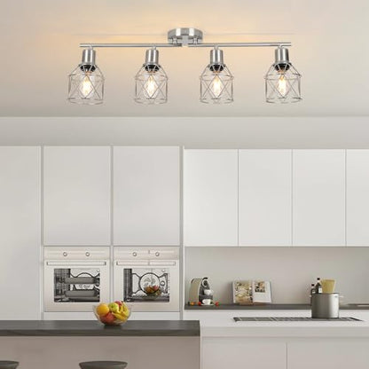 WILON Ceiling Lighting Fixtures,4 Way Track Light Fixture,4 Ceiling Spotlight,Kitchen Island Lighting Semi Flush Mount,Kitchen Track Lighting Flexibly Rotatable Light Head,E26 Base - color: Brushed Nickel, size: 4-Light-Cage
