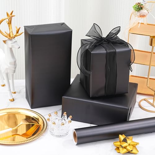 ZINTBIAL Matte Black Wrapping Paper Roll with Cut Lines - Solid Black Holiday Gift Wrap for Graduation, Birthdays, Wedding, Christmas, All Occasion - 17.5 in x 33 ft (48 sq. ft), Easy to Cut - color: Matte-Black