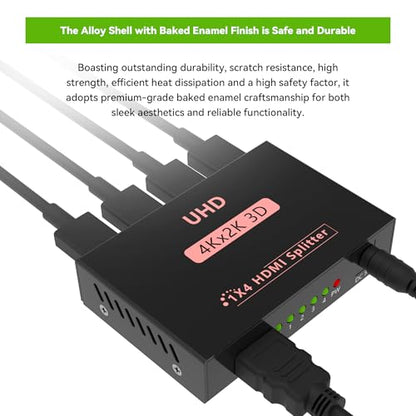 Sprolink LK5-H104 HDMI Splitter 1x4 Powered w/AC Adapter, 4K@30Hz 3D Full HD 1 in 4 Out Distributor for Fire TV Stick, PS5, HDTV, Xbox, Gaming Monitor