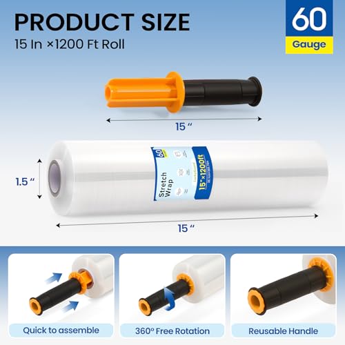 Stretch Film Wrap 15 Inch x 1200 Feet Self-Adhering Shrink Wrap Roll with Plastic Handles Industrial Strength up to 500% Stretch Wrap for Moving, Packing, Pallet Wrapping (4 Rolls, 60 Gauge) - style: 15" × 1200' - 60 Gauge