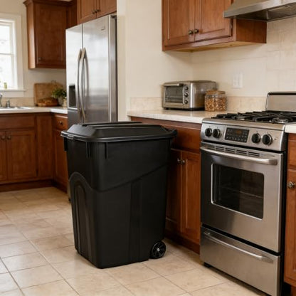 45 Gallon Wheeled Trash Can with Attached Lid, Heavy Duty Garbage Can