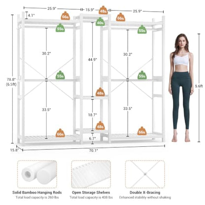 Homykic Bamboo Clothing Rack with 7 Shelves, 5 Hang Rods, 70” Wide, White - color: White, size: III Large