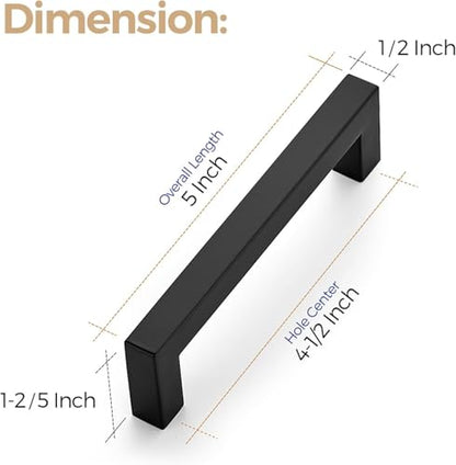 Ravinte Matte Black Cabinet Handles Square Pulls 4-1/2 Inch 10 Pack - size: 5 Inch (4-1/2 Inch Hole Center)