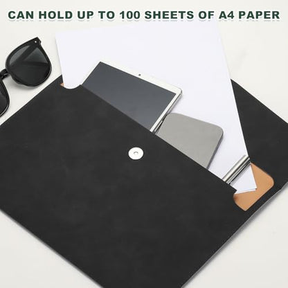 PATIKIL PU Leather A4 File Folder, Document Holder Filing Organizer Portfolio Envelope Folder Case with Snap Closure for Letter Receipt, Black - color: Black