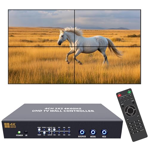 ISEEVY 4K60 Video Wall Controller 2x2 UHD TV Wall Controller 1X2 2X1 1X3 3X1 1X4 4X1 Support HDMI USB-C 4K60 Inputs and 4X HDMI 4K Outputs for max 4 TVs into 1 Wall