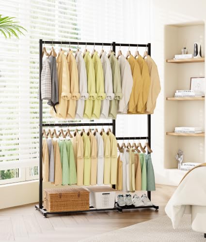 Clothing Rack with 4 Hanging Rod, 47.2" x 17.7" x 69.9", Double Rod Garment Rack with Storage Shelves, Freestanding Closet Organizer for Bedroom, Laundry Room, Portable Metal Clothes Rack, Black - color: Black, size: 47.2" x 17.7" x 69.9"
