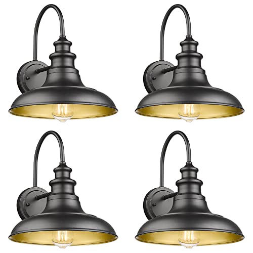 Outdoor Barn Light Fixtures, 12.3 Inch Large Dome Farmhouse Wall Mount Light Wall Sconces, Exterior Wall Lighting Fixtures Industrial Black Gold Lantern Lamps for Porch Garage Patio, 4 Pack - color: Black, size: 13-RZ004-4PACK(Not Dusk to Dawn)