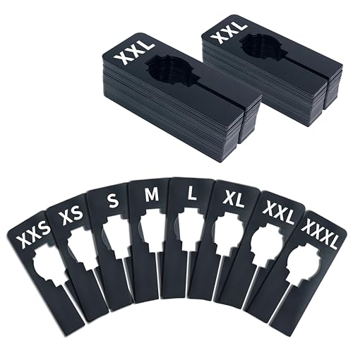 Vantasii 40 Pack Rectangular Black Plastic Clothing Size Closet Rack Dividers Hangers, Preprinted in 8 Sizes XXS, XS, S, M, L, XL, XXL, XXXL (2.5”x 5”, Inner Diameter 1.38”) - color: Black/Printed, size: 40 Pcs