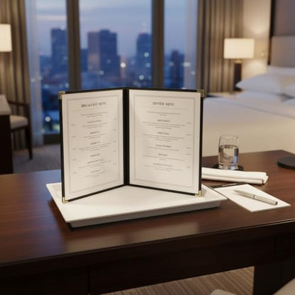 Restaurant Menu Covers 8.5 x 11 – Black Faux Leather Menu Holder with Gold Corners, 2 Pages 4 Views, Waterproof Menu Covers for Restaurants, Cafes & Bars