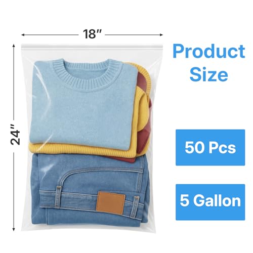 50Pcs Clear 18" x 24" Large Storage Plastic Bags, Zip Closure - size: 18x24 Inch(Pack of 50)