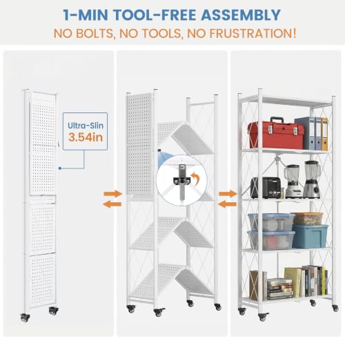 ALANNG 70.7" H Metal Storage Shelves, 5 Tier Folding Shelf on Wheels - color: White