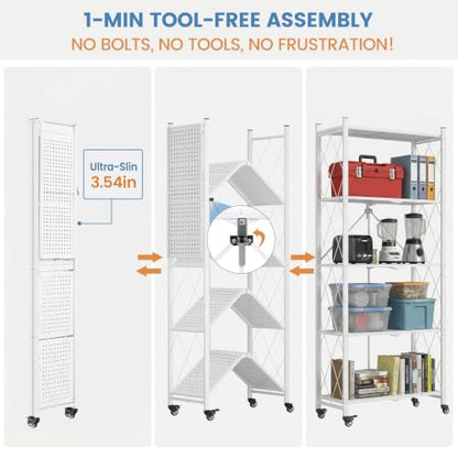 ALANNG 70.7" H Metal Storage Shelves, 5 Tier Folding Shelf on Wheels - color: White
