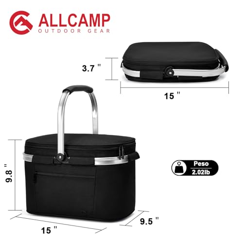 ALLCAMP Picnic Basket, 22L Insulated Cooler Foldable, Thick, Black - color: Jet Black, size: Medium