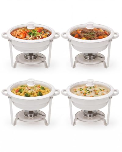 GarveeHome 5QT Round Chafing Dish Buffet Set of 4, Maifanite-Coated White Chafing Dish with Transparent Lids, Stainless Steel Commercial Food Warmers for Parties, Weddings, Restaurants & Catering - size: 5QT-4 Pack