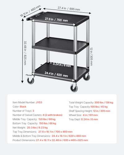 VEVOR Utility Cart, 300 lbs Load Capacity, 27.6 x 18.1-inch Service Cart, Three-Shelf Heavy Duty Plastic Utility Cart with 360° Swivel Wheels (2 with Brakes), Suitable for Warehouse, Garage, Cleaning - style: 300 LBS-3 Tier