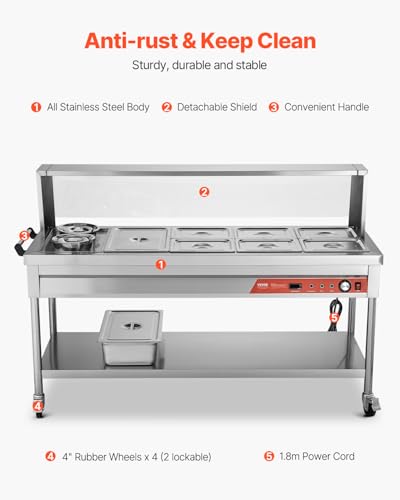 VEVOR Commercial Electric Food Warmer, 7 Pans + 2 Pots Steam Table, 1800W Professional Buffet Catering Food Warmer with Shield Undershelf Wheels, Stainless Steel Server for Party Restaurant - size: 7 Pans + 2 Pots